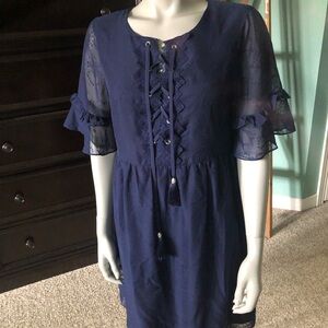 Laundry by Shelly Segal navy dress with tie neckline and shear sleeves